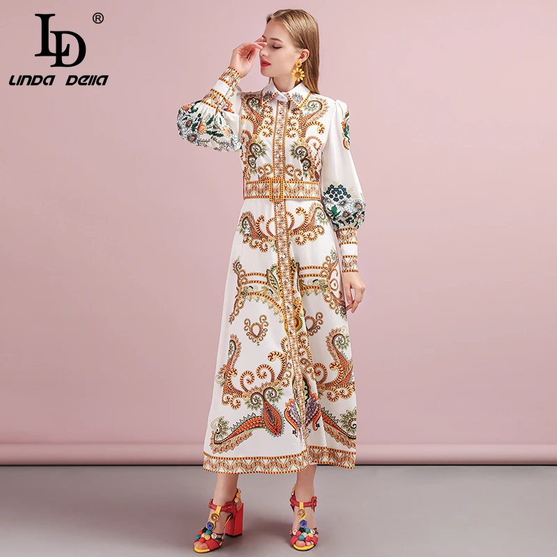 LD Linda della осеннее женское платье модный дизайнерский костюм с длинными рукавами, простая пояса великолепные Бисер печатных приталенных дамских платьев для