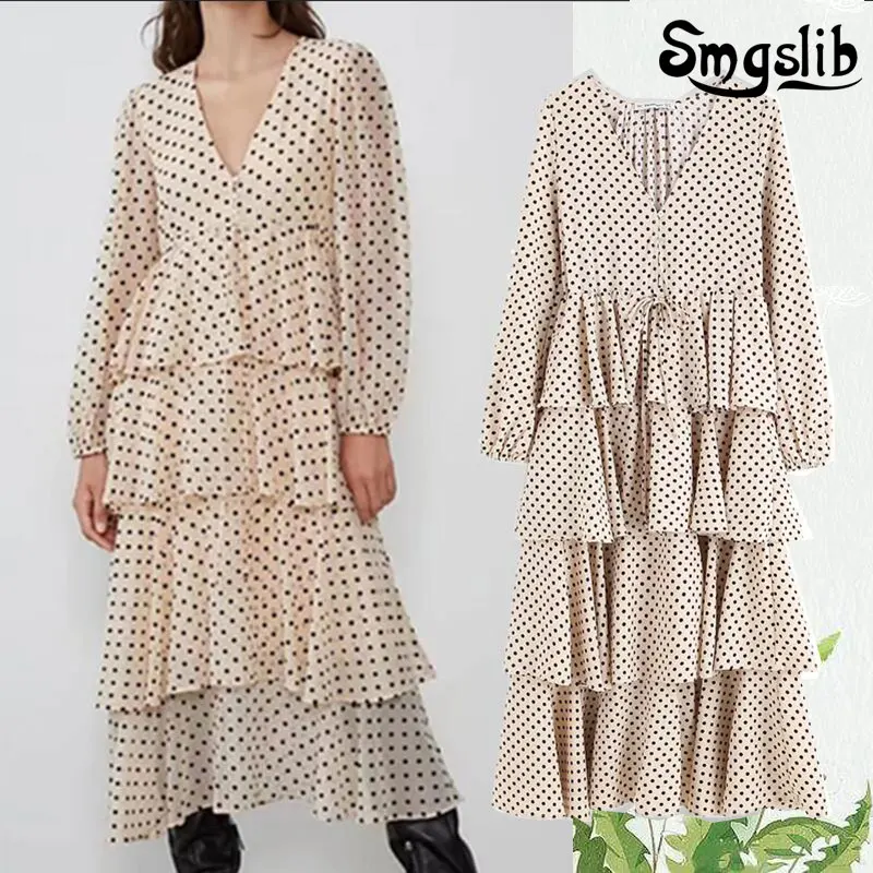 

2019 dress women england elegant polka dot print cascading v-neck vestidos vestidos de fiesta de noche maxi dress women