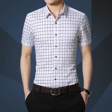 IFRICH Business Casual Checkered Shirt Mens Summer 100%Cotton Short-Sleeved Pink Shirt Plus Size M-5XL