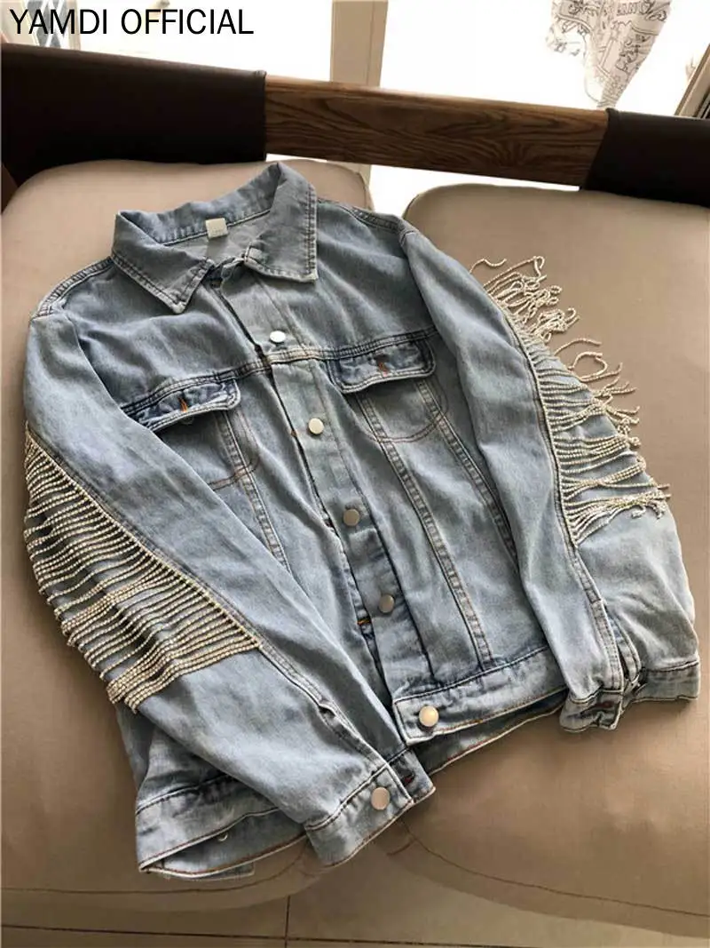 

YAMDI Autumn Winter Coasts Bling Rhinestone Chaines Denim Jacket 2019 New Women Runway Outwear Female Blue Vintage Loose Jacket