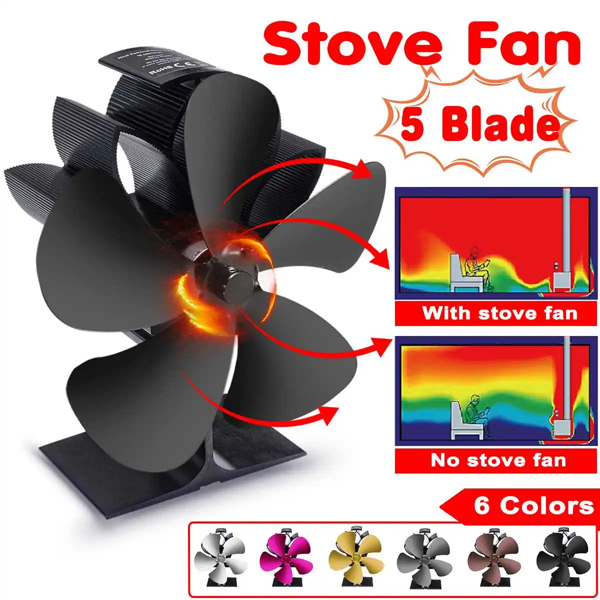 

Efficient Black Fireplace 5 Blade Heat Powered Stove Fan komin Log Wood Burner Eco Friendly Quiet Fan Home Heat Distribution