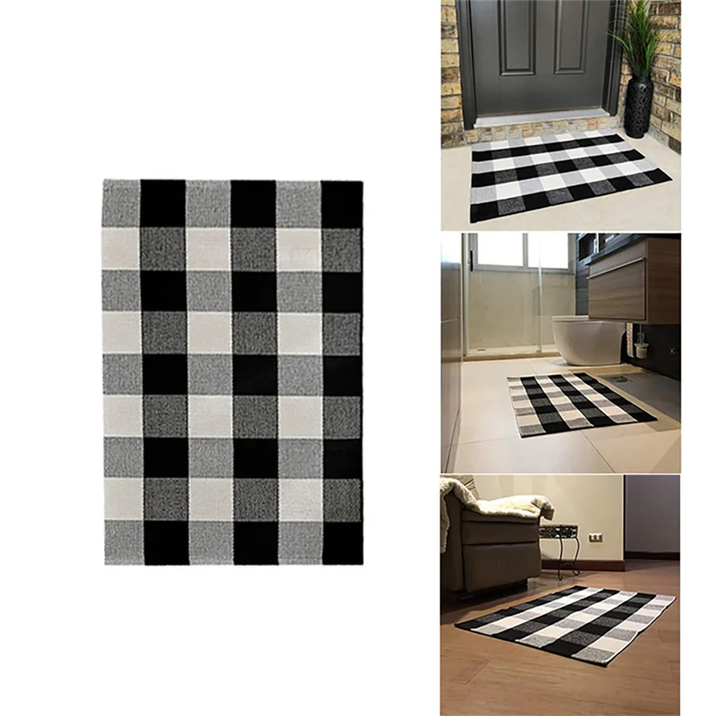 Kitchen Bathroom Cotton Plaid Rugs Black and White Checkered Rug Door Mat Rug Sponge Cleaner #5b25 (4)