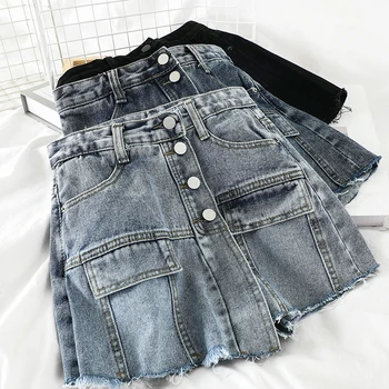 

2020 summer new denim women shorts high waist solid pocket wide leg button lady sexy shorts top quality