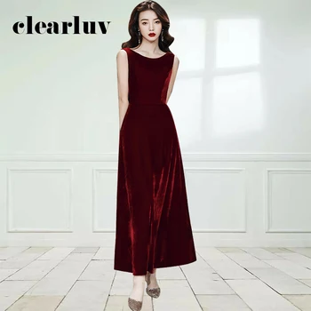 

Burgundy Velour Women Party Dresses DR440 Solid A-Line Evening Dress O-Neck Sleeveless Robe De Soiree Backless Formal Gowns