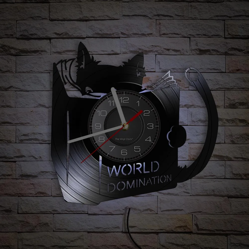 World Domination for Cat Kitty Reading Books Vinyl Record Wall Clock Anime Black Kitten Home Decor Timepieces Cat Lover Gift