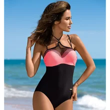 Слитный купальник, женский, плюс размер, пуш-ап, Pacthwork, сетчатый, с подвеской на шее, сексуальный, многоцветный, купальник, бразильский, Maillot de bain femme