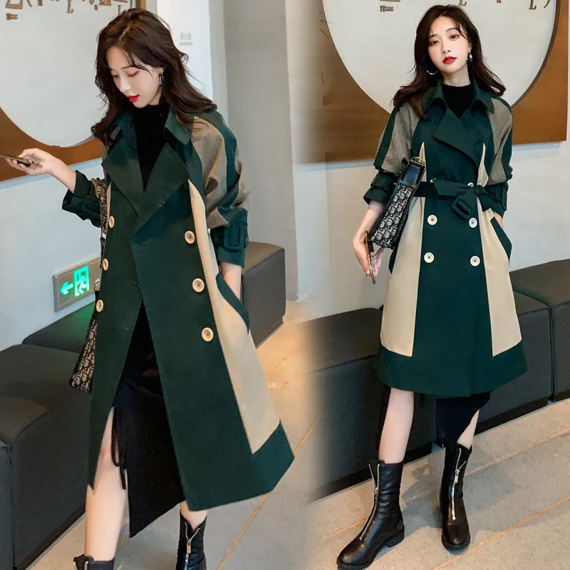 

2019 Spring Autumn New Fashion Long Trench Coats British style Stitching Slim Double-breasted Windbreaker Women Overcoats XA217