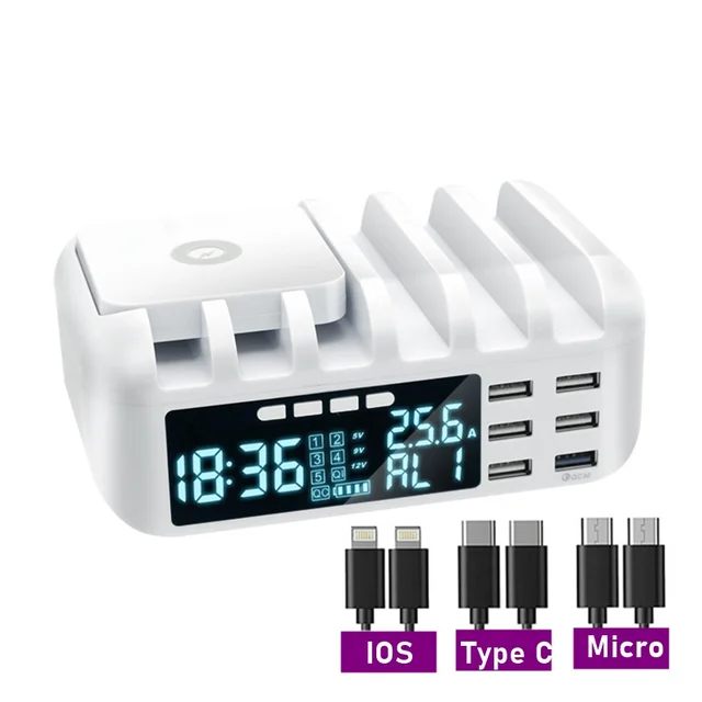 48W Multi Phone USB Wireless Charger With Clock for IPhone 11 12 Pro Max QC 3.0 LCD Fast Charging Station For Samsung Xiaomi White With Cable