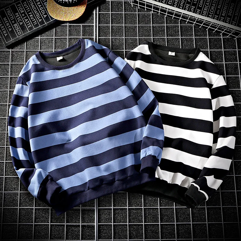

2019 Autumn Casual Students Couples Stripes Long-sleeved Sweater Large Size outside MEN'S Set