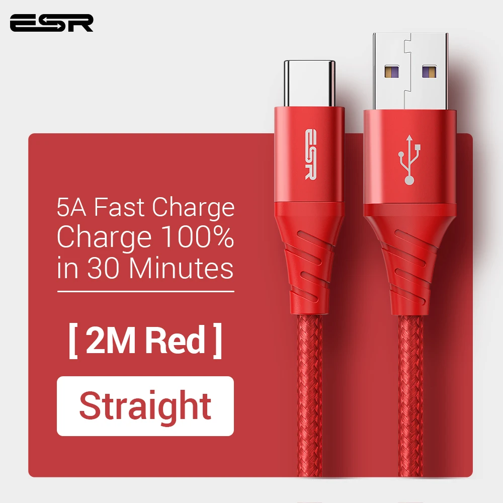 ESR 5A usb type-C кабель 1 м 2 м Быстрая зарядка type-C кабель для huawei P30 P20 mate 20 Pro Phone Supercharge QC3.0 USBC Кабо черный - Цвет: straight red 2M