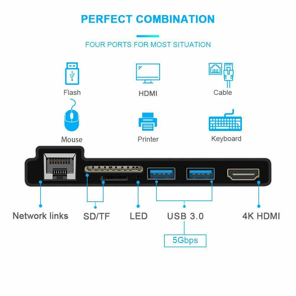 Led usb-хаб компьютерная док-станция Ethernet порт мини многофункциональный 4K HDMI Lan адаптер ABS RJ45 TF для Surface Pro 6