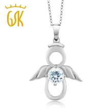 GemStoneKing 925 пробы Серебряный кулон с ангелом ожерелье для женщин 0,40 Ct Круглый натуральный голубой аквамарин ювелирные украшения
