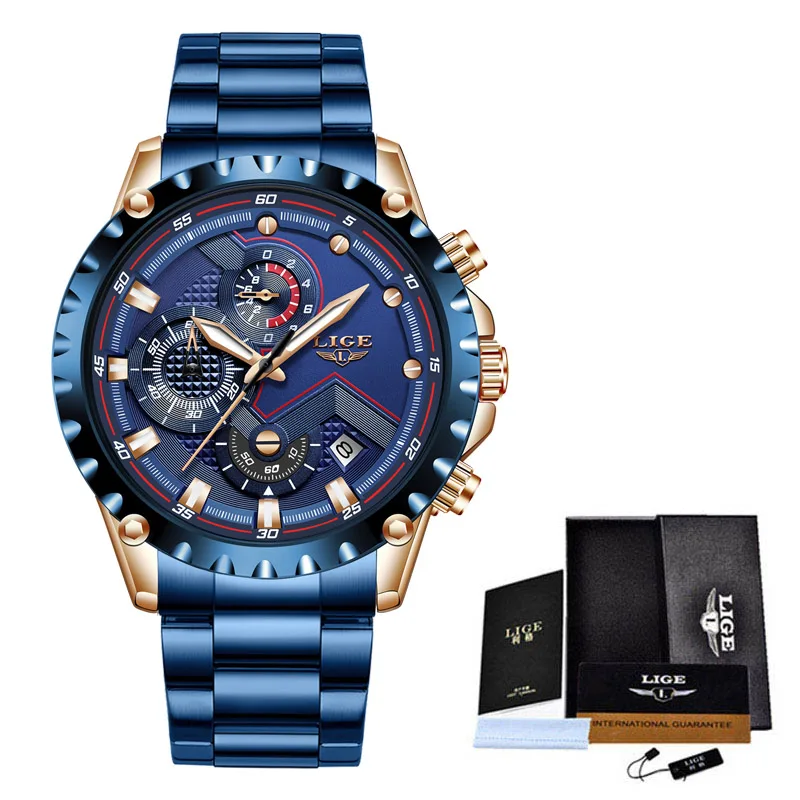 S full blue Новинка, LIGE, синие, повседневные, с сетчатым ремешком, модные, кварцевые, золотые, мужские часы, Топ бренд, Роскошные, водонепроницаемые часы, Relogio Masculino - Цвет: S full blue