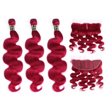 

Human Hair Bundles With 4x4 Frontal Brazilian Hair 3 Bundles With Closure Burgundy Red Colored Straight Bundles Non-Remy IJOY