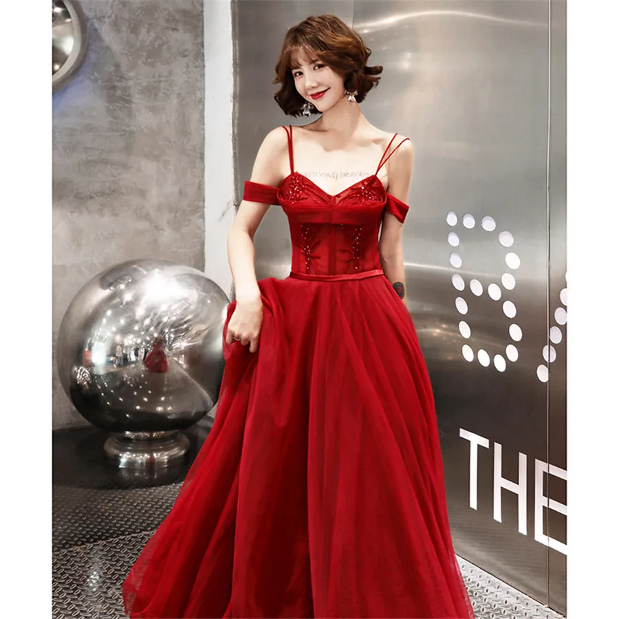 It's Yiiya Evening Dresses Burgundy Boat Neck Sling Formal Dress Elegant Beading Long Plus Size robe de soiree E1281