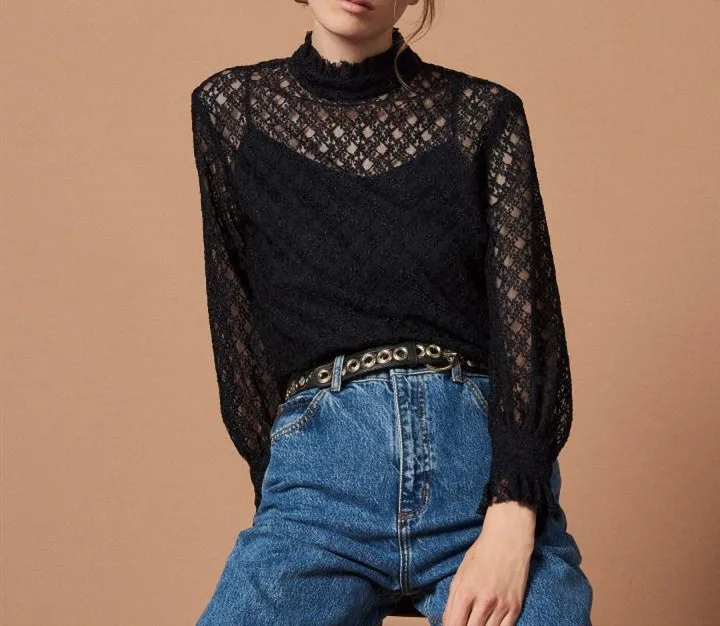 

ladies blouse perspective Stand collar Lace women's shirt long sleeve Hollow sexy blouses tops for Autumn and winter