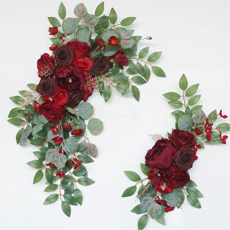 

2pcs Artificial Flowers Wine Red Wedding Backdrop Wreath Decor Welcome Card Sign Corner Wall Props Arrange Arch Fake Flower Row