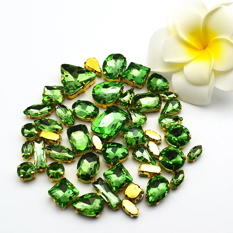 

Top Crystal Gold Claw Light Green Mix Shape Glass Sew on Rhinestones DIY Clothing Bag Shoes