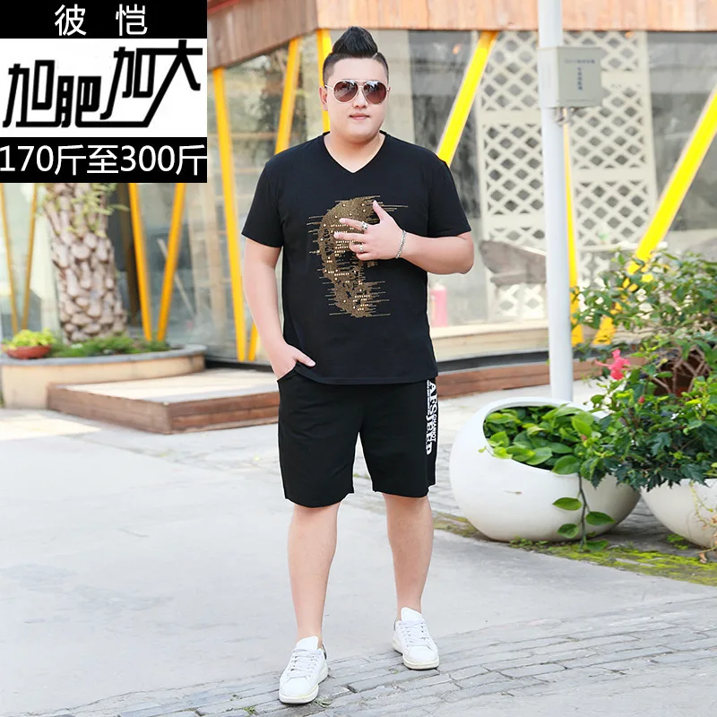 

Bikai Loose Plus Fat Increase Code V Collar Hot Drilling Short Sleeve T Shirt Letter Printing Five Points Pants Large Size Suit