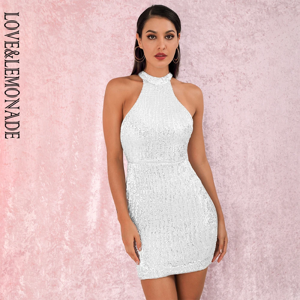 Женское мини платье с блестками LOVE & LEMONADE серебристое облегающее эластичное