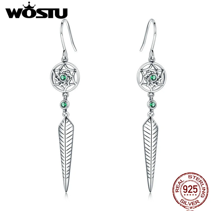 WOSTU, 925 пробы, серебряные, духовные, Ловец снов, висячие серьги, перо, зеленый CZ, серьги-кольца для женщин, хорошее ювелирное изделие CQE576