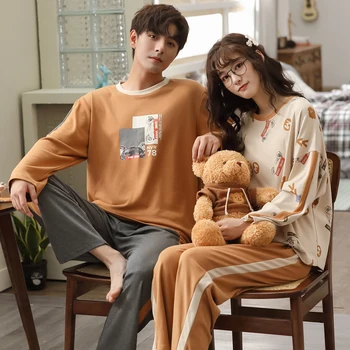 

New Men pyjamas suit autumn Plaid pants Couple pajamas Long sleeve pijama for male clothing Cotton casual nightie sleepwear