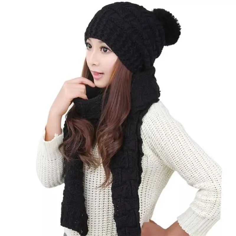 1 Women Winter Crochet Knit Hat Scarf Set Solid Color Pompom Beanie Cap Neck Shawl - Цвет: 1