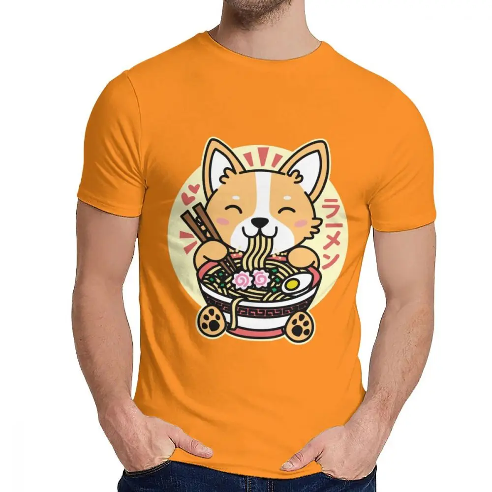 Для мужчин футболка корги едят рамен милый Kawaii лапша Хлопок Уличная Мужская o-образным вырезом Harajuku уличный с короткими рукавами - Цвет: Оранжевый