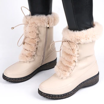 

AIMEIGAO 2020 Winter Warm Plush Snow Boots Women Faux Fur Flock Wool Mid-Calf Boots Female Round Toe Platform Wedges Shoes Woman