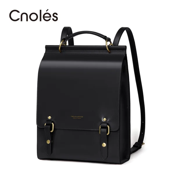 Cnoles Black Genuine Leather Backpacks School Bags 1