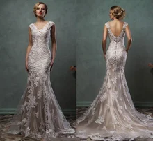 

Vintage Amelia Sposa 2020 Champagne Lace Appliqued Mermaid Wedding Dresses Eleagnt Open Back V Neck Plus Size Beach Bohemian