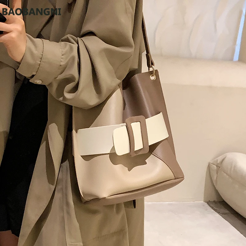 

Contrast color Large bucket bag Winter New High-quality PU Leather Women's Designer Handbag Vintage Shoulder Messenger Bag