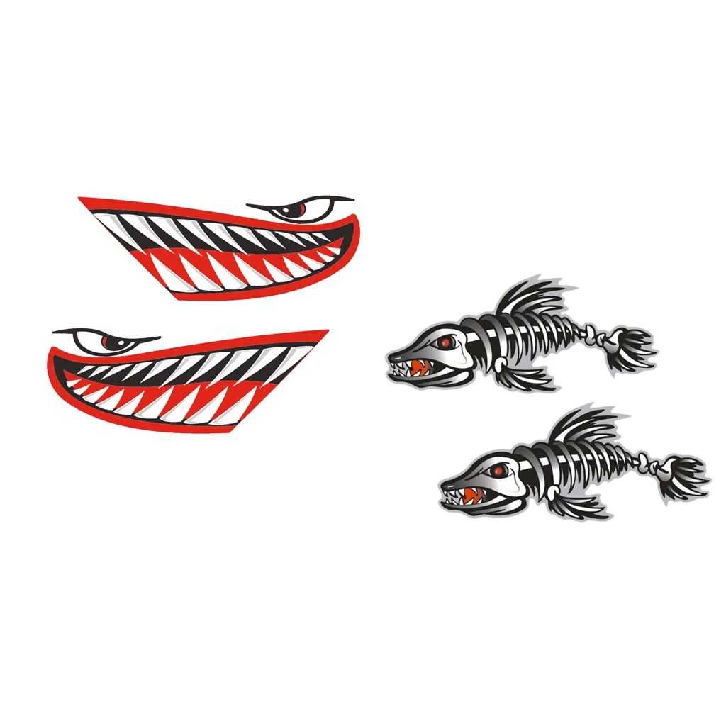 2 Pairs Shark Teeth Mouth Skeleton Fish Kayak Decals Boat Car Funny Stickers