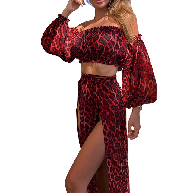 new Women's Clothing Set Off Shoulder Long Sleeve Tops and Cover Up Skirt Two-piece Suit for Travelling Beach Vacation Claret