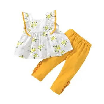 

2020 Toddler Kids Baby Girls Clothes Sleeveless Ruffle Top Dress Pants Trousers Outfit Flower Pattern Clothes