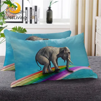 

BeddingOutlet Sky Blue 3D Sleeping Pillow Rainbow Cute Down Alternative Body Pillow Elephant Riding Balloons Rising Bedding 1pc