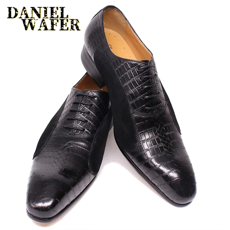 Luxury New Fashion Oxford Man Dress Shoe Lace up Pointed Toe Coffee Black Office Wedding Shoes Suede Patchwork Leather Men Shoes