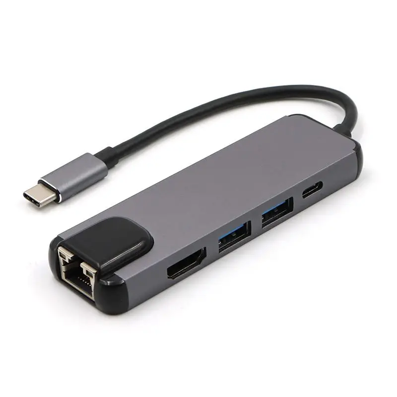  5 in 1 USB C Hub Hdmi Gigabit Ethernet Adapter for Macbook Pro Type C to Rj45 Lan Adapter with USB-