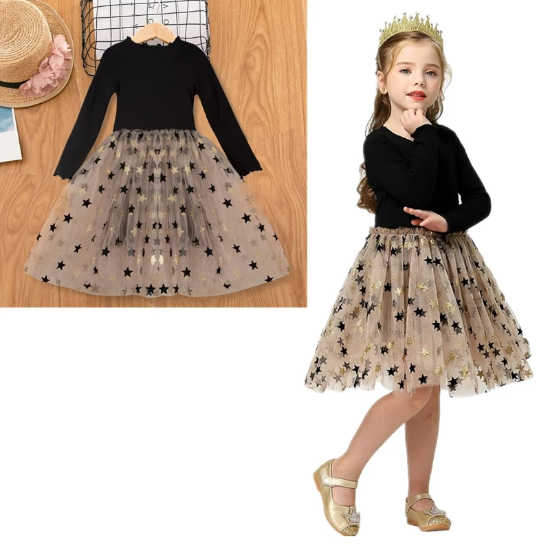 Новогоднее зимнее платье для девочек; платья из тюля с блестками и звездами; вязаное платье с длинными рукавами; Рождественский костюм для детей; детская одежда