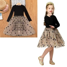 Новогоднее зимнее платье для девочек; платья из тюля с блестками и звездами; вязаное платье с длинными рукавами; Рождественский костюм для детей; детская одежда