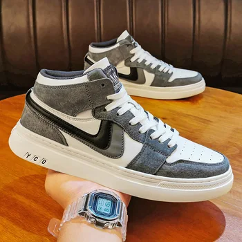 

Men's high-top casual shoes autumn and winter leather stitching trend comfortable flat shoes wear-resistant breathable sneakers