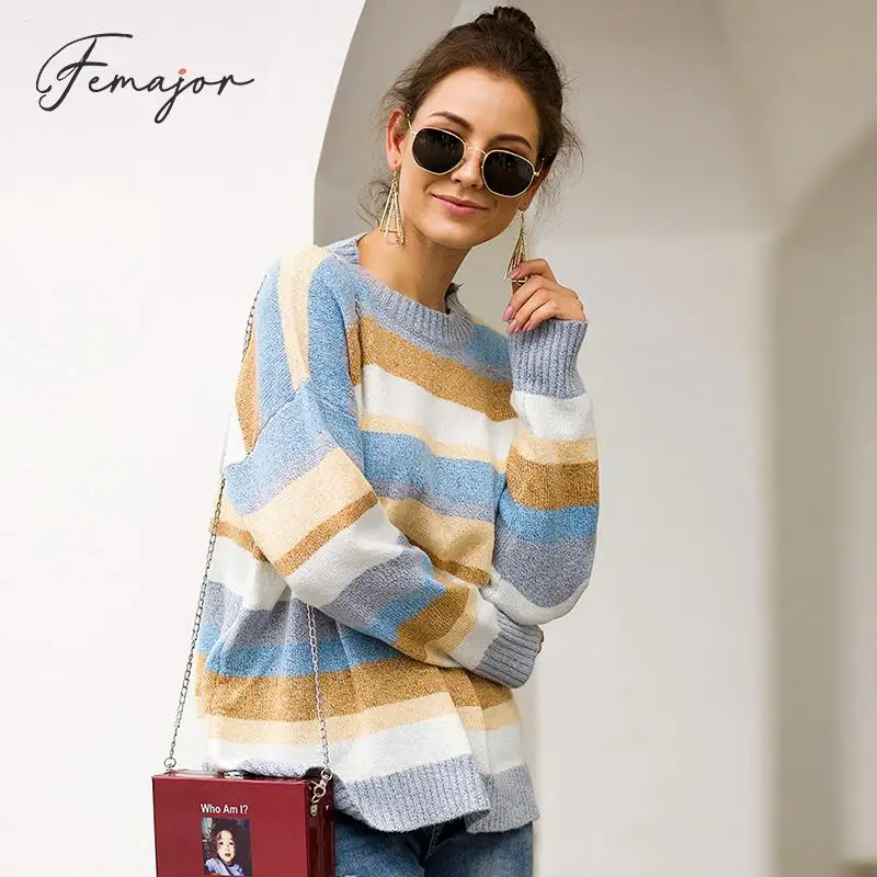 

Femajor Women Casual Stripe Color Block Jumpers Sweater Female 2019 Autumn Winter Long Sleeve Loose Pullover Chic Knit Tops