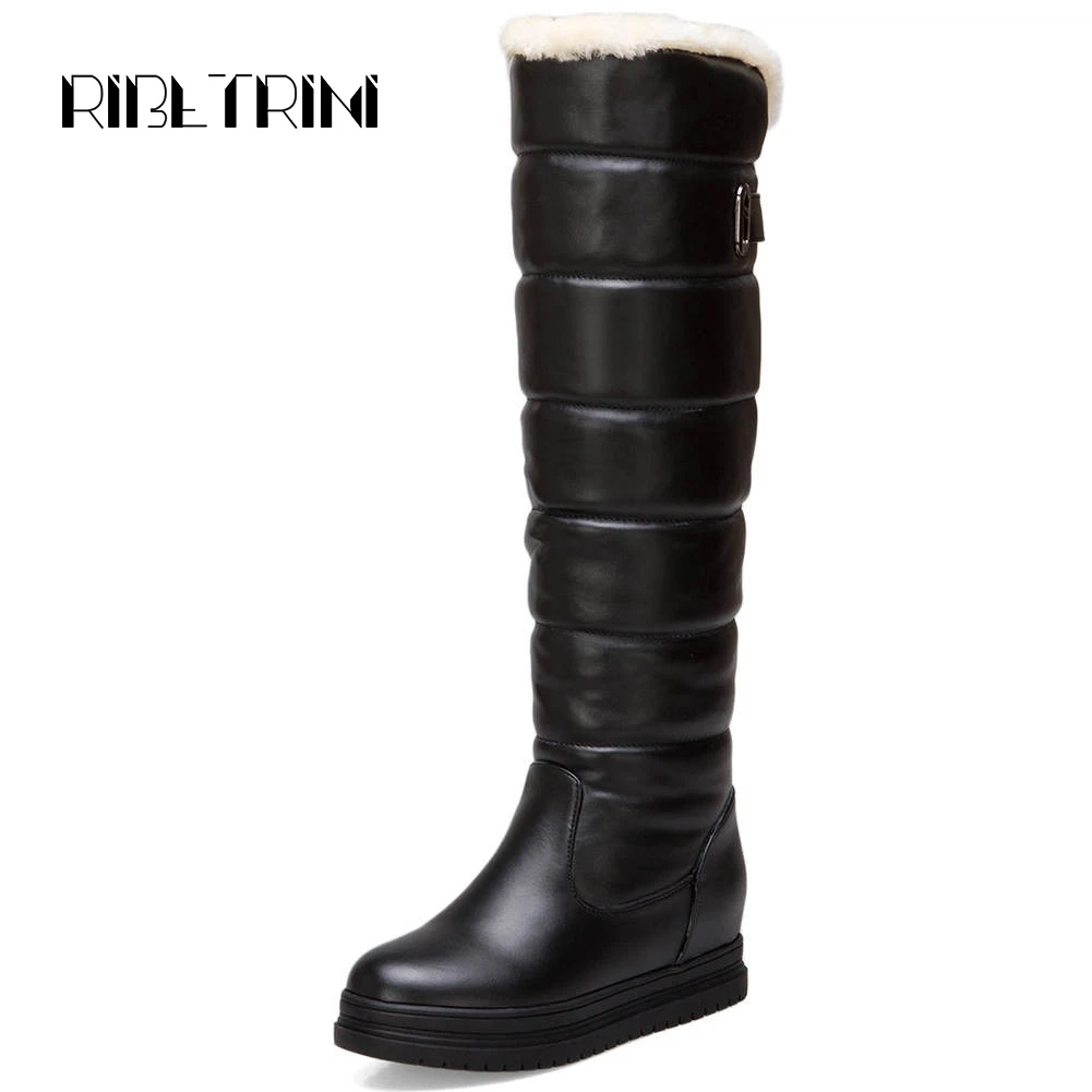 

RIBETRINI Winter Fur Boots 2019 Hidden Wedge Heels Round Toe Platform Shoes Woman Slip On Warm Outdoor Knee Boots Big Size 34-43