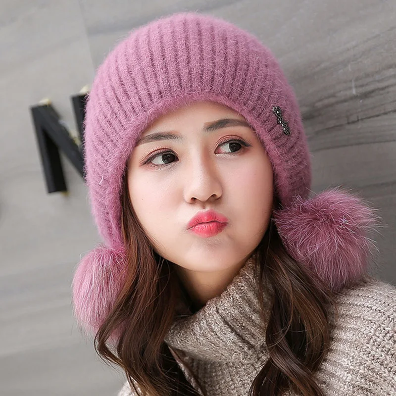 Лаванда Student Skullies Beanies Hat for Women Autumn Winter Solid Hats Ear Protector Pom Poms Wool Rabbit Fur Knitted Hat F18703AD - Цвет: Лаванда