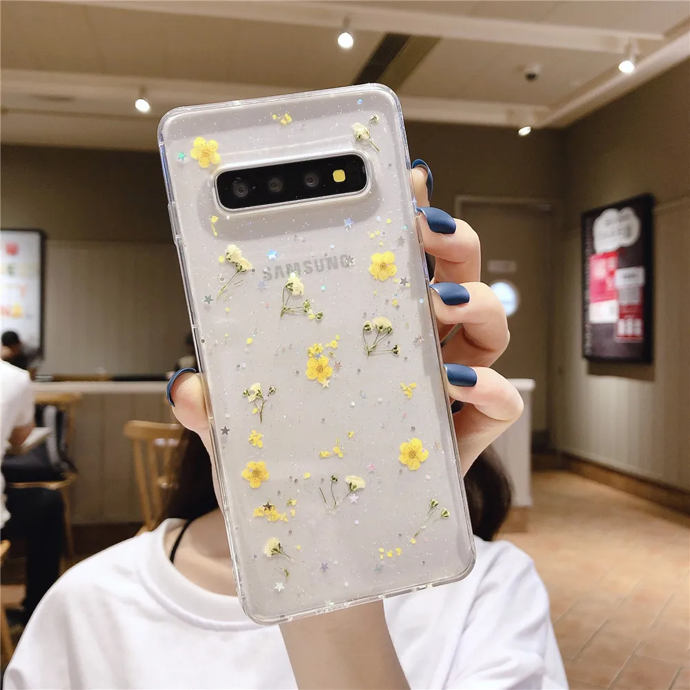 Elegant Real Dried Flower Glitter Soft Clear Phone Case
