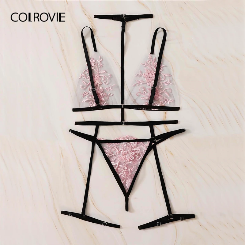 COLROVIE цветочный кружевной подвязка, комплект нижнего белья с чокером, Женский вышитый сетчатый розовый нижнее белье, Bralettes, однотонный сексуальный бюстгальтер, наборы