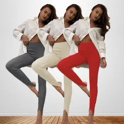 Women Ribbed Knit Leggings Fashion Beige High Waist Cotton Fitness Basic Pants Female Casual All-Match Stretch Skinny Leggings