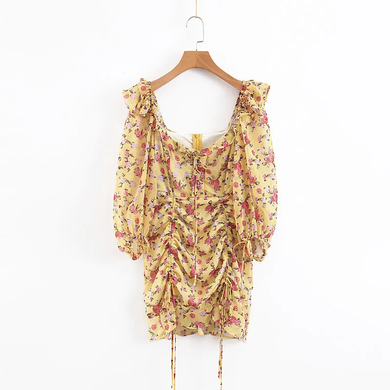 

2019 Western Style Spring And Summer Women's Dress New Style Drawstring Flounced Yellow Base Small Flower Dress