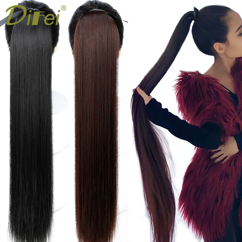 

DIFEI 5 Size Long Straight Drawstring Synthetic Ponytail Black/Brown Heat Resistance Hairpiece Clip In Hair Extension for Woman