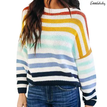 

New 2019 Autumn Winter Women Casual Loose Long Sleeve Crew Neck Sweater Ladies Striped Knitted Pullover Sweater Plus Size
